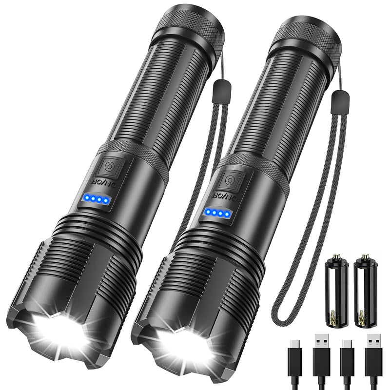LED Flashlights High Lumens Rechargeable, 2 Pack 8000 Lumens Super Bright LED Flash Light, Zoomable, 5 Modes, IPX5 Waterproof High Power Handheld Tactical Flashlight for Camping, Emergency, Outdoor - BeesActive Australia