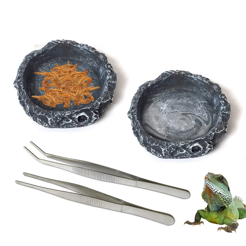JOBEDE 2PCS Reptile Water Dish, Imitating Rock Design Reptile Food Bowl with Straight Curved Tweezers for Lizard Bearded Dragon Leopard Gecko Snake Hermit Crabs - BeesActive Australia