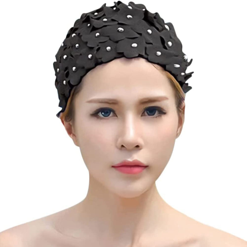Swim Cap Floral Petal Swimming Caps for Women Girls Swim Bath Hats Bathing Cap Spa Cap Washing Face Cap Black - BeesActive Australia