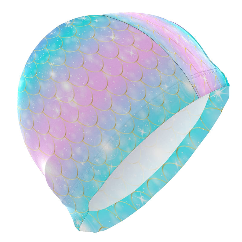 Dallonan Swimming Cap Summer Unisex Adult Swim Cap Polyester Scales Fish Rainbow - BeesActive Australia