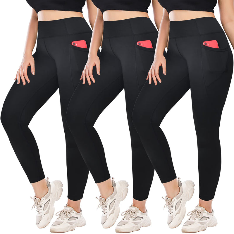 FULLSOFT Plus Size Leggings for Women with Pockets-Stretchy X-Large-3X Tummy Control High Waist Workout Black Yoga Pants 1-3 Pack Black,black,black - BeesActive Australia