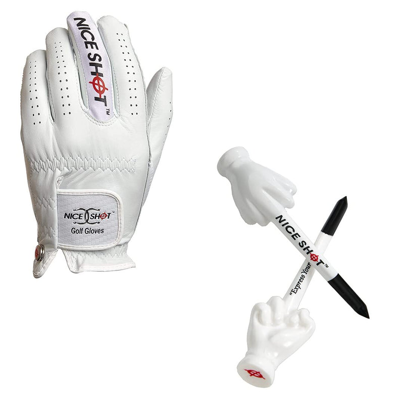 Nice Shot Bundle The Bird Men's Left Hand Cadet XXLarge White Cabretta Leather Golf Glove + Nice Shot Patented Design Golf Tees - Express Yourself - 3 1/4 Inch Golf Tees - 12 Pack - BeesActive Australia