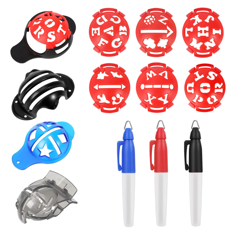 DESELL Golf Ball Marker, 6× Letter Stencils Kit, 3× Ball Markers Stencils, 3× Color Line Markers Pens, Triple Track Plastic Golf Ball Marking Alignment Tool Kit (12 Pack Red) - BeesActive Australia