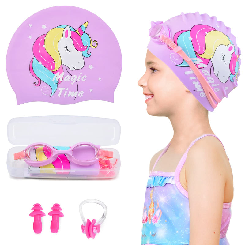 Kids Swim Caps for Girls (Age 3-7), Durable Waterproof Silicone Swimming Cap for Short Hair with Swimming Goggles, Ear Plug and Nose Clip Purple - BeesActive Australia