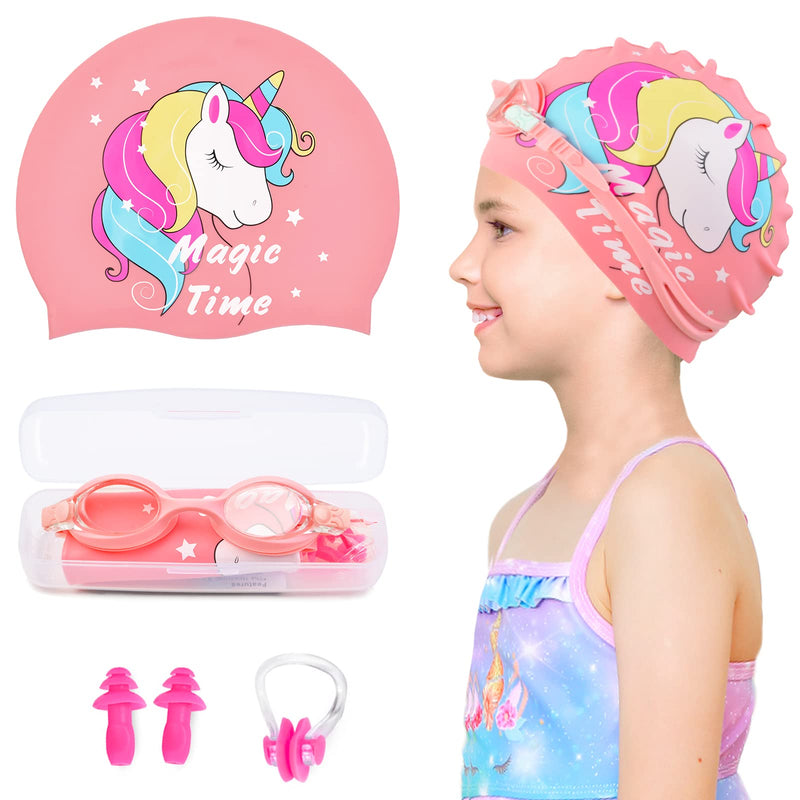 Girls Swim Caps for Kids (Age 4-8), Unicorn Waterproof Silicone Swimming Cap for Short/Long Hair with Swimming Goggles, Ear Plug and Nose Clip - BeesActive Australia