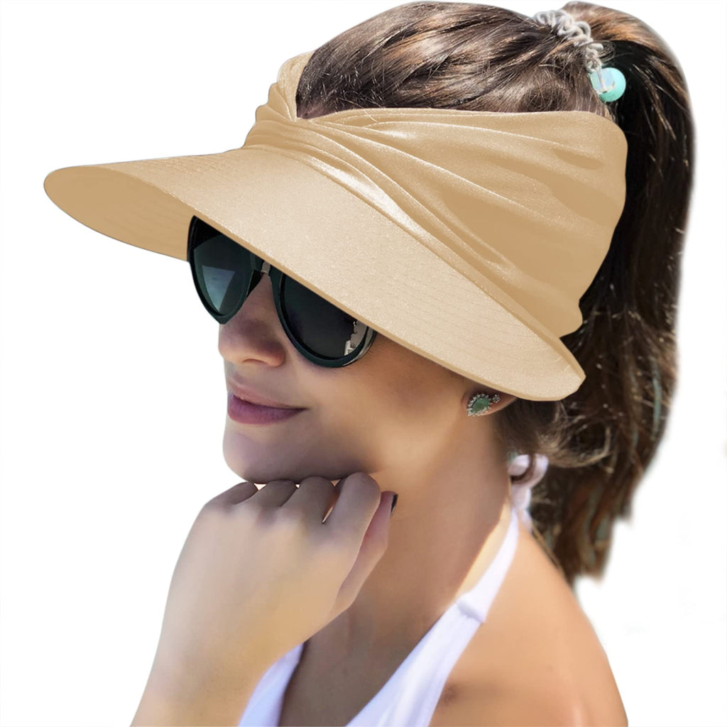 Muryobao Womens Sun Visor Hat Wide Brim Summer UPF 50+ UV Protection Beach Sport Cap Beige - BeesActive Australia