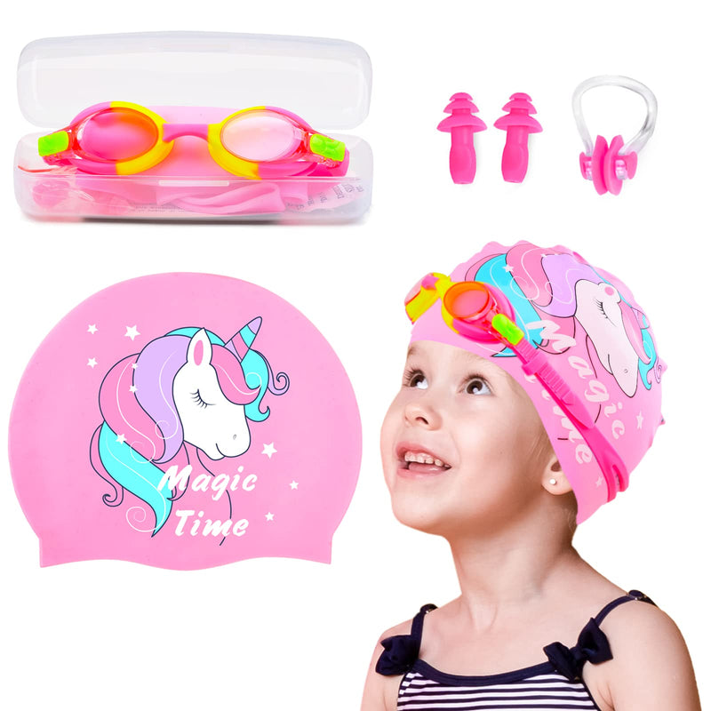 AuSletie Silicone Swim Caps for Kids Girls Aged 4-8, Unicorn Waterproof Swimming Caps Bathing Caps with Goggles Ear Plugs Nose Clip for Short/Long Hair - BeesActive Australia