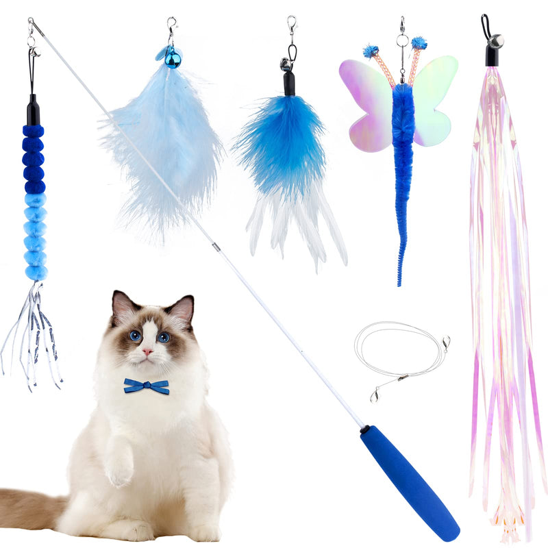 Cat Wand Toy for Indoor Cats 6PCS Fairy Feather Cat Toys with Retractable Fishing Pole Replaceable Feather Attachments Dragonfly Tassel Worm with Bells Cat String Kitten Toy Gift BLUE - BeesActive Australia