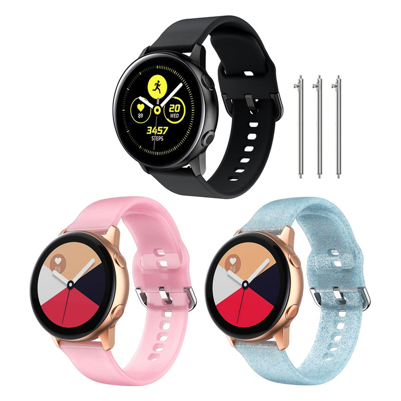 TOOLAIK 20mm Watch Band Compatible with Samsung galaxy watch 4 band 40mm/44mm,galaxy active 2 watch band 40mm,galaxy watch active 2 bands 44mm,galaxy watch 3 41mm band,20mm silicone sport Watch Strap Black/Luminous Pink/Glitter Powder Blue - BeesActive Australia