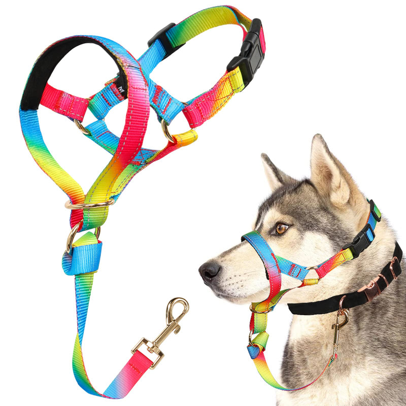 Dog Head Collar, No Pull Rainbow Head Halter for Heavy Pullers, Effective Padded Head Harness Stops Pulling on Leash for Walking Small Medium Large Dogs L Fantasy Rainbow - BeesActive Australia