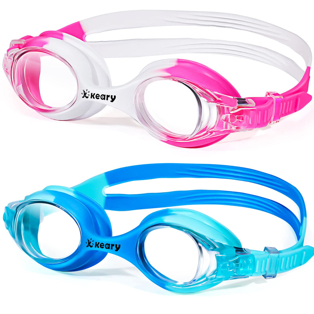 Keary 2 Pack Anti-fog Swim Goggles for Kids Toddler(2-6), WaterProof UV Protection Flat Lens with Flexible Nose Piece Pink & Blue【mesh Bag】 - BeesActive Australia