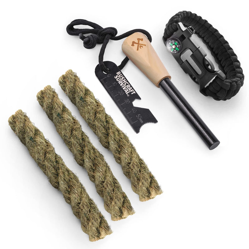 Ferro Rod Fire Starter Survival Tool | Flint and Steel w/Paracord Bracelet Compass & Whistle + 3 PK Extra Large Natural Tinder Fire Starting Ropes - BeesActive Australia