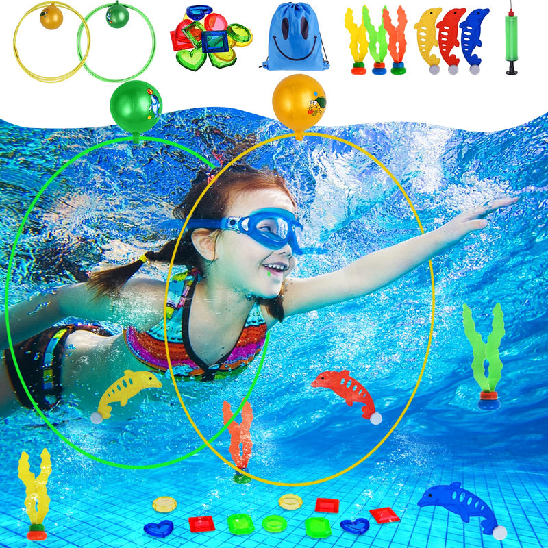 20 PCS Colorful Pool Toys, GOLDGE Swim Toys, 2 PCS Swim Through Rings for Pool, Pool Hoops to Swim Through, Pool Diving Toys Pool Games for Kids 3-10 12 14 Teens Adults Family - BeesActive Australia