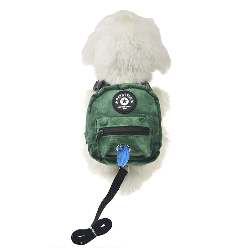FLAdorepet Dog Backpack Harness with Leash, Dog Poop Bag Dispenser, Pet Self Carrier Adjustable Travel Hiking Walking Harness Backpack for Small Medium Dogs L(Fit:14-22lb) Green - BeesActive Australia
