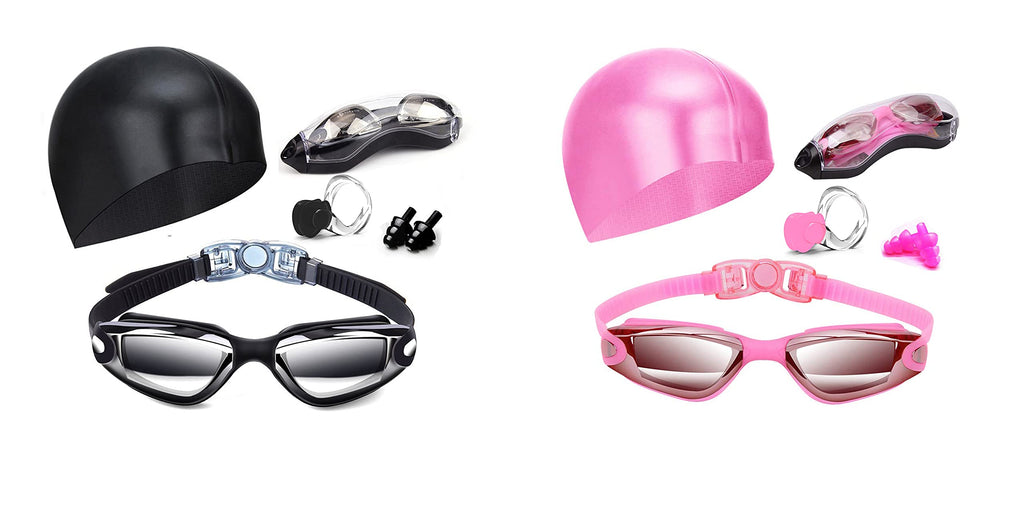 Swim Goggles Swimming Goggles No Leaking with Nose Clip, Earplugs and Case(Black & Pink) - BeesActive Australia