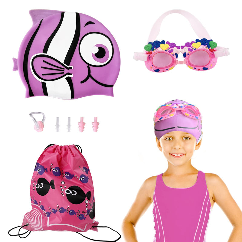 4 Pieces Mermaid Swim Cap with Swimming Goggles and Storage Bag for Kids(Age 3-12), Silicone Waterproof Swimming and Bathing Caps for Long and Short Hair Girls Boys Toddler - BeesActive Australia