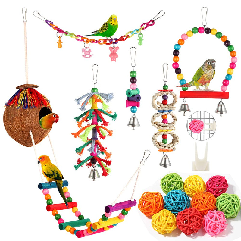 Bird Toys 17 Pcs Bird Parakeet Swing Chewing Hanging Toys Climbing Ladder Coconut Bird Cage Toys Suitable for Cockatiels,Conures,Finches,Budgie,Love Birds - BeesActive Australia