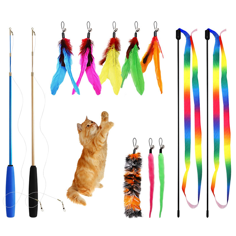 Cat Toys, 12PCS Interactive Kitten Toys, Retractable Indoor Cat Wand Toys with Replacement Teaser, Interactive Rainbow Ribbon and Make Exercise for Kitten or Cats by Sunshinetop - BeesActive Australia