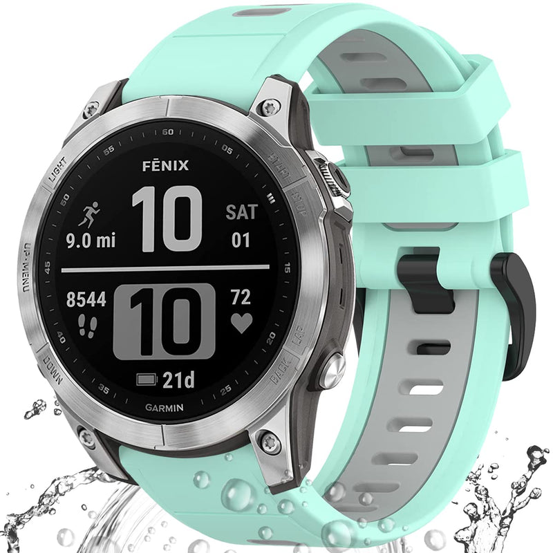 Miimall Compatible Garmin Fenix 7/6/5 Bands, 22mm Width Soft Silicone Sport Waterproof Replacement Strap Band for Garmin Fenix 7/7 Solar/7 Sapphire Solar/6/5/Garmin Instinct Women Man(Mint Green+Grey) Mint Green+Grey - BeesActive Australia
