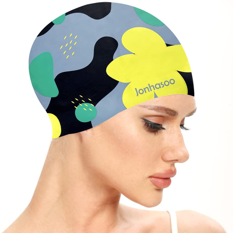 Jonhasoo Swim Cap Women, Silicone Swimming Cap for Long Hair with Flower Printed Airy blue - BeesActive Australia