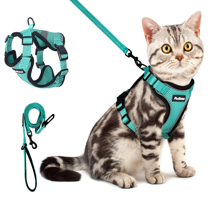 PetBonus Adjustable Cat Harness and Leash, Escape Proof Safe Breathable Pet Vest Harnesses for Walking, Easy Control Reflective Strip Comfortable Leash and Harness Set Jacket for Cats, Kitten, Kitty Turquoise X-Small - BeesActive Australia