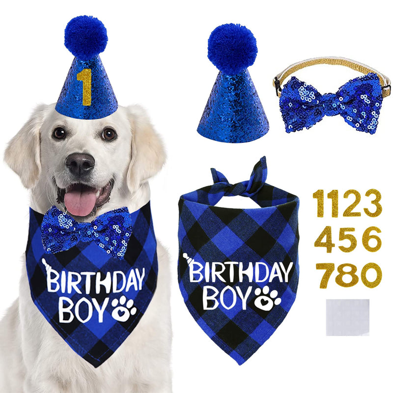 STMK Dog Birthday Party Supplies, Dog Birthday Bandana Boy Girl and Dog Birthday Party Hat with Dog Bow Tie Collar for Medium Large Dogs Blue Style - BeesActive Australia