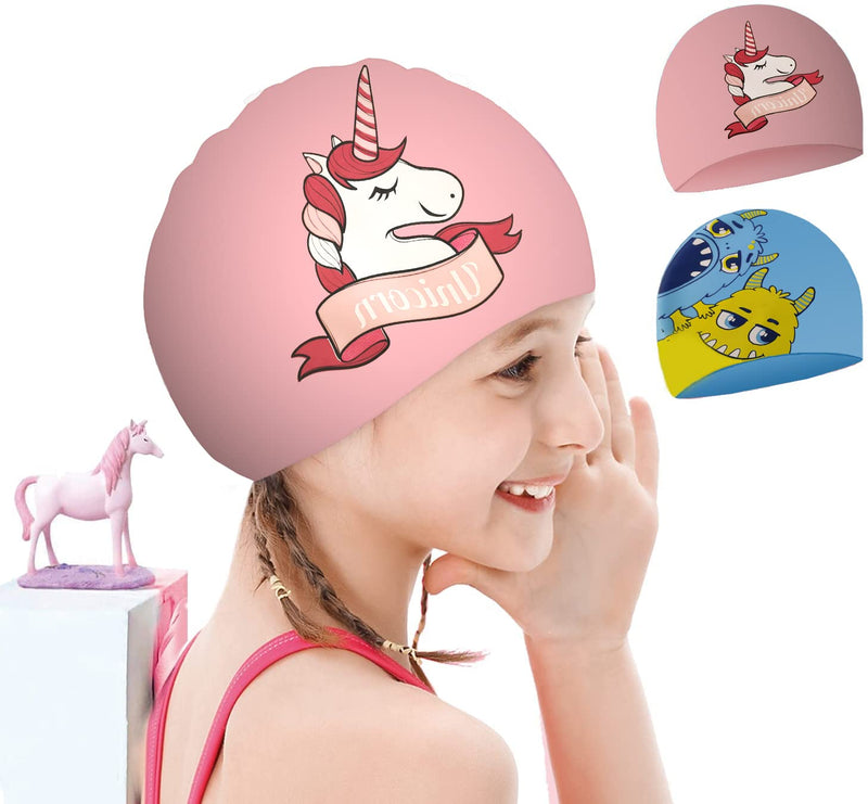 2 pcs Kids Swim Cap Silicone Swimming Cap for Boys Girls (Age 3-12) Cover Ears Waterproof Bathing Cap Keep Hair Dry Swimming Hat for Long and Short Hair - BeesActive Australia