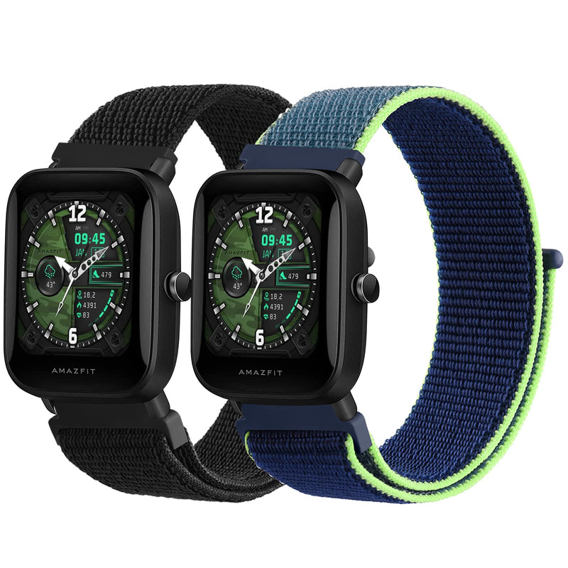 2 Pack Nylon Bands for Amazfit GTS / GTS2 / GTS 2e / GTS 2 mini, 20mm Quick Release Soft Breathable Sport Replacement Watch Strap for Amazfit Bip U Pro/Bip/Bip Lite/Bip S/Bip S lite/Bip U (Black+Neon Lime) Black+Neon Lime - BeesActive Australia