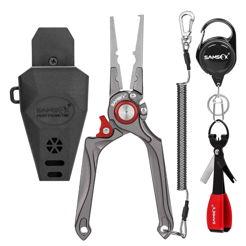 SAMSFX Fishing Pliers, Muti-Function Fly Fishing Tools, 8" Saltwater Resistant Gear Hook Remover Split Ring Tungsten Cutters, with Lanyard & Sheath Red Fishing Pliers with Quick Knot Tool - BeesActive Australia