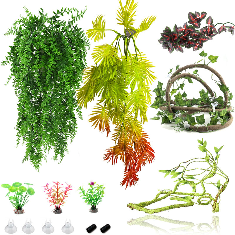 RUNANIA 9 Pieces Reptile Vines Plants, Leopard Gecko Tank Accessories Terrarium Jungle Climbing Vines Hanging Plants with Suction Cups for Bearded Dragon Leopard Gecko Lizard Snake Chameleon - BeesActive Australia