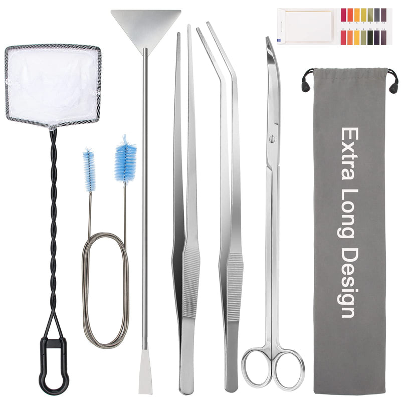 Liveek Extra Long Aquarium Aquascaping Tools Kit 8 in 1, Stainless Steel Aquarium Plant Tools Long Fish Tank Aquascape Tools Tweezers Scissors Scrapers, PH Paper, Fish Net, Aquarium Clean Brush, Bag - BeesActive Australia