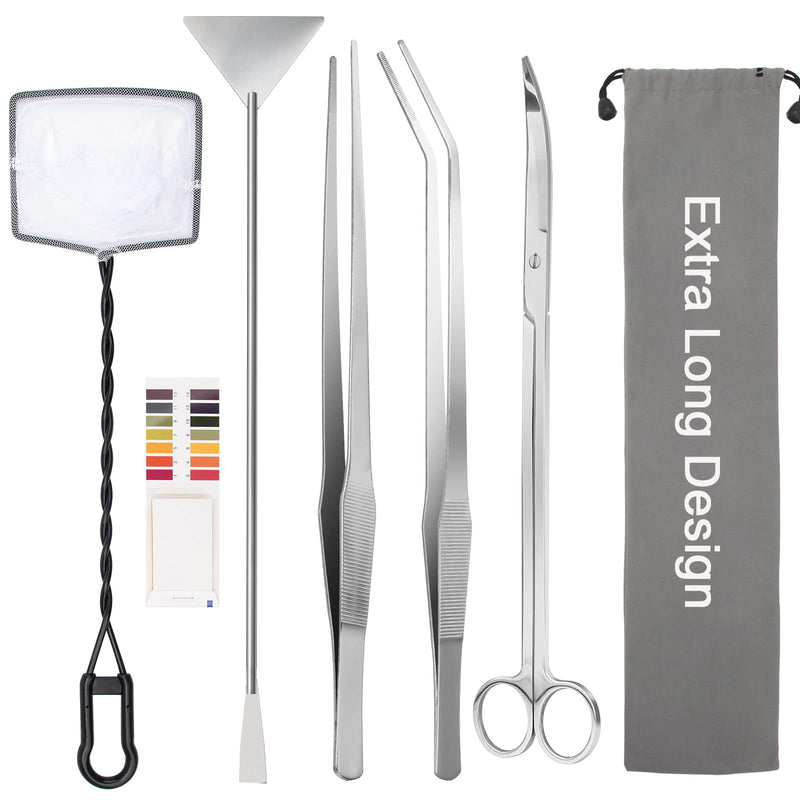Liveek 7 in 1 Aquarium Aquascape Tools Kit 15 inch, Aquatic Plant Extra Long Aquascaping Tool for Aquarium Fish Tanks Clean Tools Sets with Silver Tweezers Scissors Spatula, Fish net, PH Paper, Bags - BeesActive Australia
