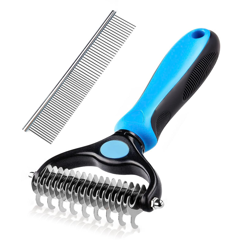 Nepfaivy Undercoat Rake for Dogs Cats - Dog Shedding Brush for Long Haired Dogs, Double Sided Dog Deshedding Brush, Undercoat Brush for Dogs, Pet Grooming Brush for Dematting with Dog Comb Blue and Black (With Free Bonus) - BeesActive Australia