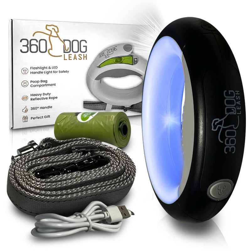 Non Retractable Leash with Flashlight, LED Light, Built-in Poop Bag Compartment –Walking Leash 360° Hands Free, Anti-Slip Handle for Small, Medium & Large Dogs – Tangle Free Heavy Duty Reflective BLACK - BeesActive Australia