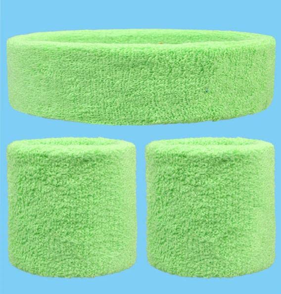 Sweatbands Set - Head and Wristbands - Moisture Wicking Headband Keeping Sweat Out Your Eyes - Stretchy Soft Comfy Cotton Terry Cloth - Tennis Working Out Yoga Boxing Basketball Gym Exercise Neon Green - BeesActive Australia