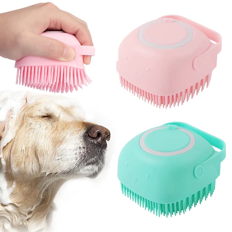 Dog Bath Brush Scrubber Soft Silicone Pet Grooming Brush Bath Shampoo Massage Dispenser Shower Brush For Short Long Haired Dogs And Cats (Blue+Pink) Set B - BeesActive Australia