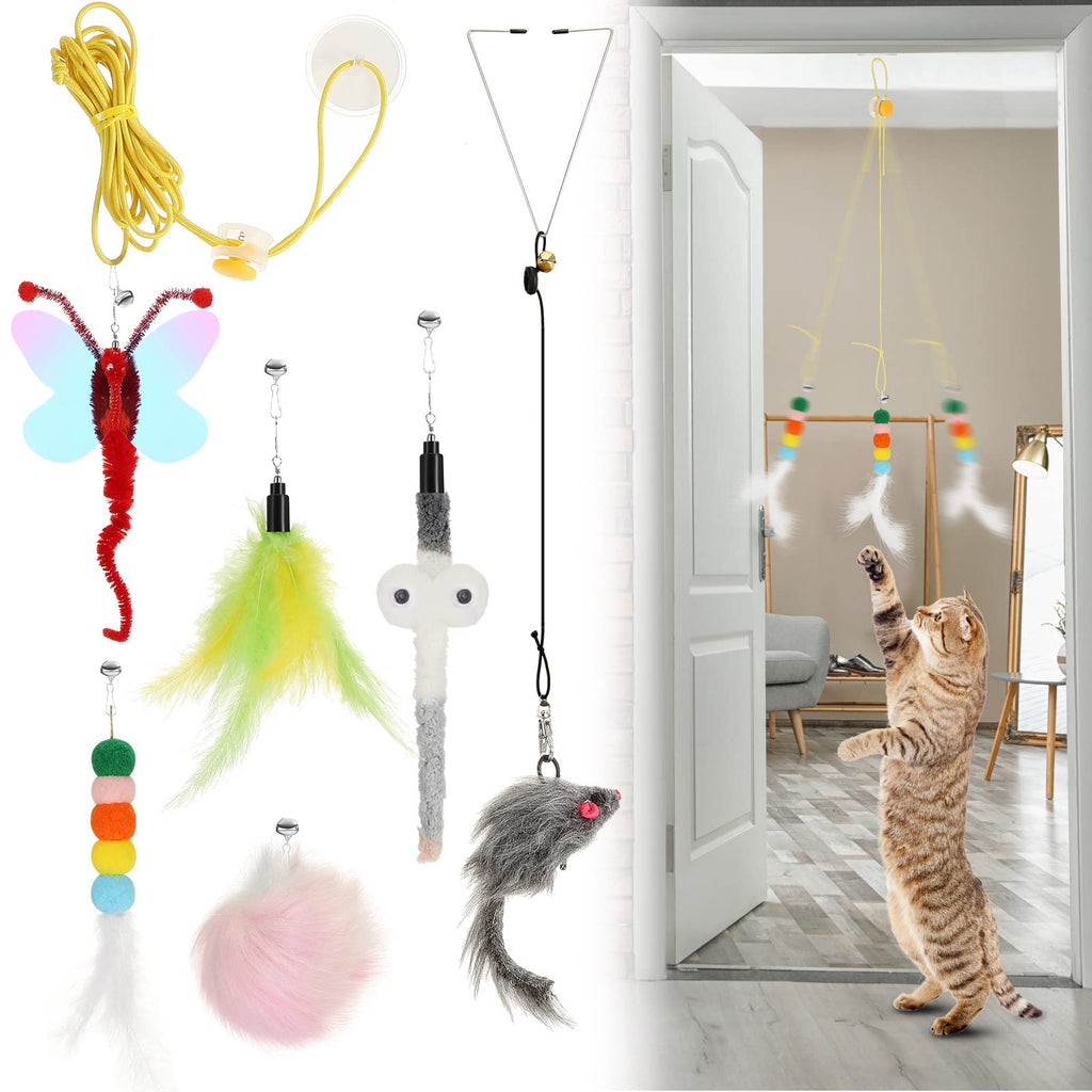 8 Pcs Doorway Cat Toys Indoor Feather Cat Toys Door Hanger Cat Toys Interactive Hanging Cat Toys Dragonfly Little Mouse Toys Retractable Cat Teaser Toys Kitten Toys for Play, 6 Styles Cute Style - BeesActive Australia