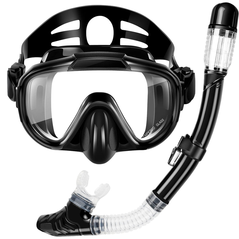 Snorkel Set, Zipoute Snorkel Dry Top Snorkeling Gear for Adults, Panoramic Anti-Leak and Anti-Fog Tempered Glass Lens, Adults Adjustable Snorkeling Set, Scuba Diving Swimming Training Snorkel Kit Black - BeesActive Australia