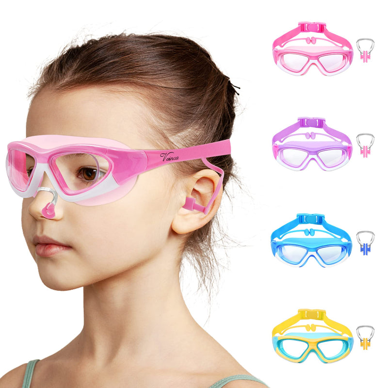 Vvinca Kids Swim Goggles for Kids 3-12, 2022 Upgraded Design with Ear&Nose Plug, Wide View Anit-Fog No Leak Water Pool Goggle 1 Pack Pink - BeesActive Australia