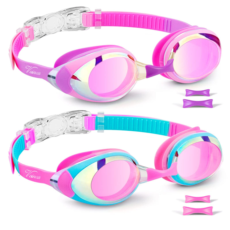 Vvinca Swimming Goggles 2 Pack Swim Goggles with 3 Nose Piece, Anti-Fog Anti-UV Silicone Pool Goggles Adult Women Men Youth C-2 Packs Mirrored Pink & Purple - BeesActive Australia