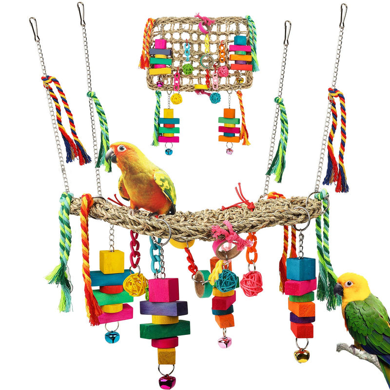 Bird Swing Toys, Bird Foraging Wall Toy, Seagrass Woven Hammock Swing Mat with Colorful Ropes Wooden Chew Toys for Lovebirds, Parakeets, Conures, Cockatiels - BeesActive Australia