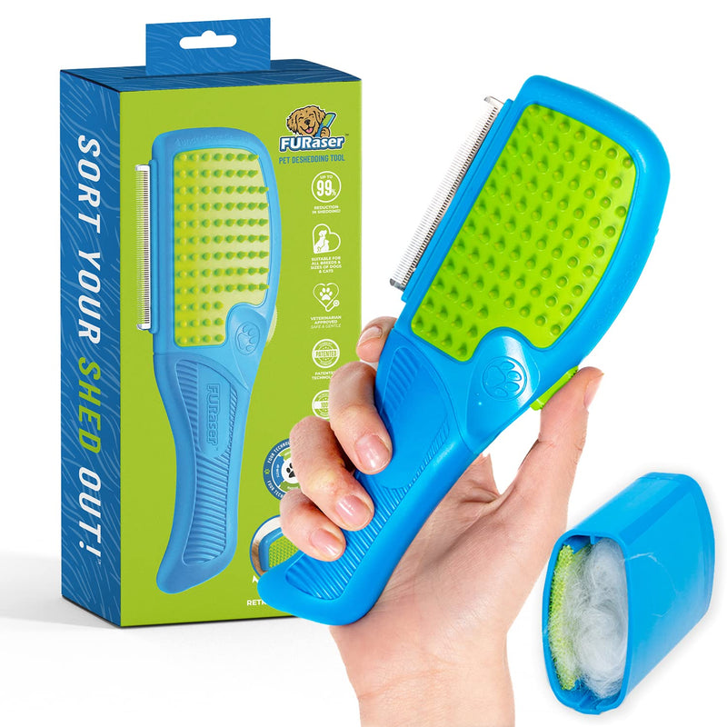 FURaser Dog Grooming Brush for Dogs & Cats, Long and Short Hair Dematting Comb, Topcoat & Undercoat Rake Deshed Tool -Silicone Bristles, De Shedding Blade, Microfiber Pad, Rubber Handle (Blue) DeShedding Tool with Self Cleaning Cover - BeesActive Australia