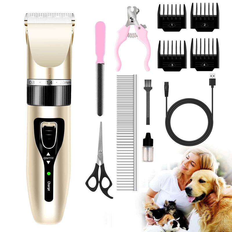 Dog Grooming Clippers,Low Noise Cordless Dog Grooming Kit for Grooming Thick Coats Dog Shears Rechargeable Dog Clippers for Grooming for Dogs, Cats and Other Pet Grooming kit (Gold) Gold - BeesActive Australia
