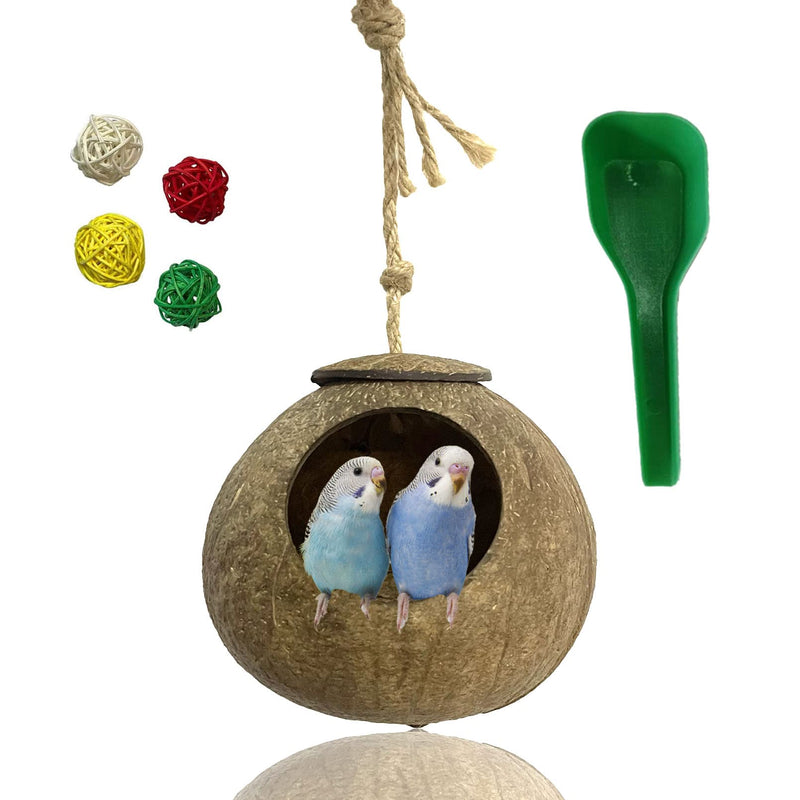 kathson Natural Coconut Shell Bird Nest,Hanging Coco Birds House,Parrots Hide Hut Habitats Decor,Parrot Cage Accessories for Lovebirds Cockatiel Canary Budgies,Feeder Spoon,4 Toy Balls(6 Pcs) - BeesActive Australia