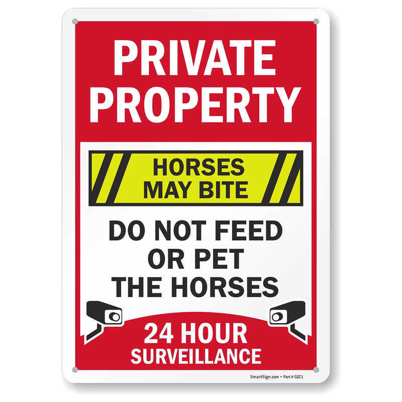 SmartSign 14 x 10 inch “Private Property - Horses May Bite, Do Not Feed Or Pet The Horses, 24 Hour Surveillance” Metal Sign, 40 mil Laminated Rustproof Aluminum, Multicolor - BeesActive Australia