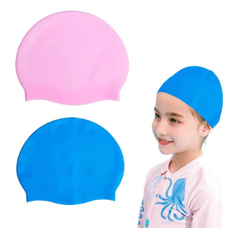 2 Pack Boys and Girls Teens Swimming Caps Durable Silicone Swimming Cap Fit for Long Curly Fluffy Hair and Short Hair(Blue and Pink) - BeesActive Australia