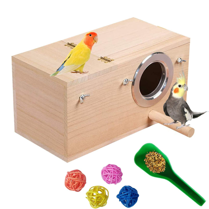 kathson Parakeet Nesting Box,Parrot Nest Home,Lovebirds Mating Breeding Wood House with Feeding Spoon 4 Toys Balls for Budgerigar Canary Cockatiel Small Birds (6 PCS) - BeesActive Australia
