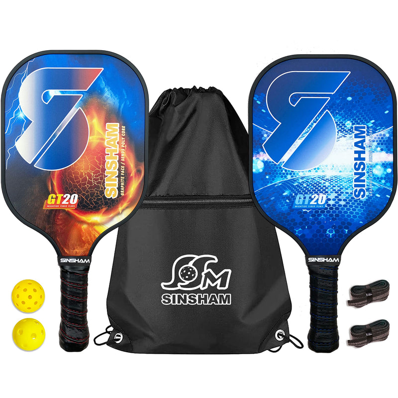 SINSHAM Pickleball Paddles,Pickleball Paddles Set of 2,Graphite Surface,Polypropylene Honeycomb Core,Cushion Grip,Lightweight Pickleball,1 Portable Drawstring Bag,2 Balls,2 Replacement Soft Grips fireball - BeesActive Australia