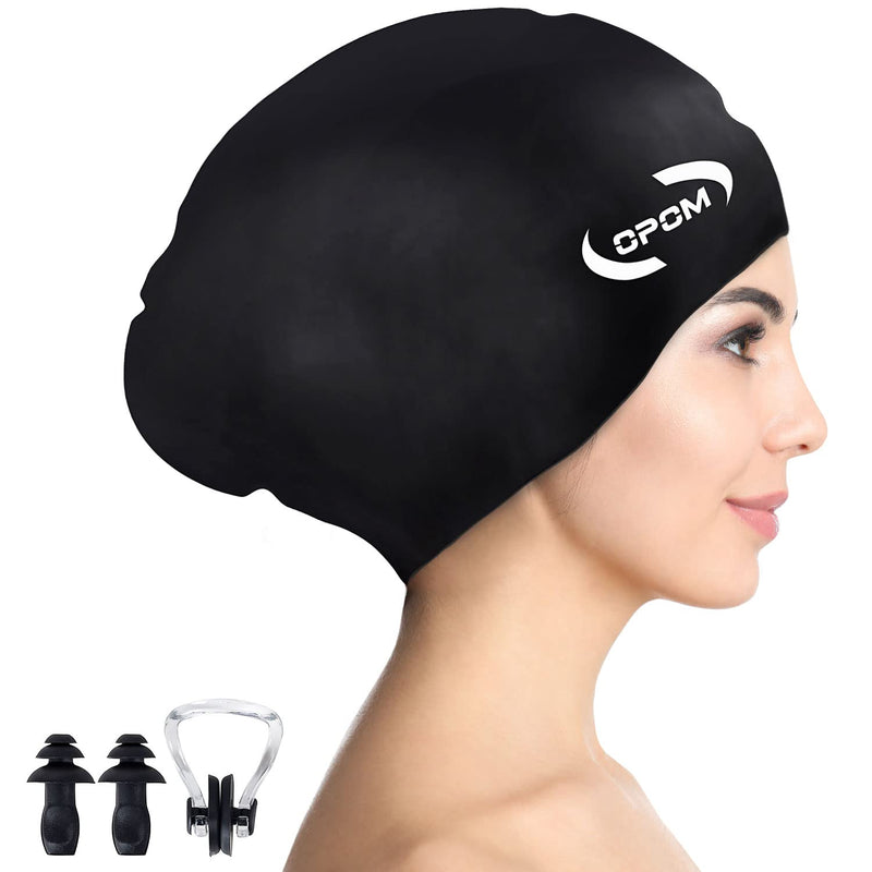 Women Silicone Swimming Cap, High Elasticity Thick Swim Hats for Long Hair, Bathing Swimming Caps for Women and Men Keep Your Hair Dry, with Ear Plugs and Nose Clip, Easy to Put On and Off black - BeesActive Australia