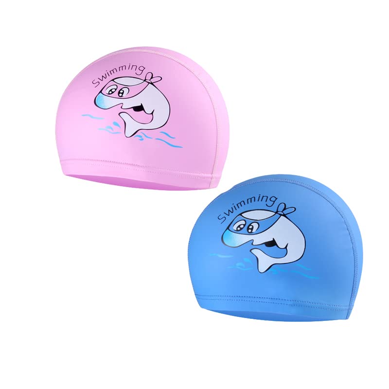 2 Pack Unisex Kids Swim Caps, 3D Ergonomic Waterproof Swim Caps, Swim Bath Short/Long Hair Hats for Boys Girls Age 3-12 Blue+Pink - BeesActive Australia